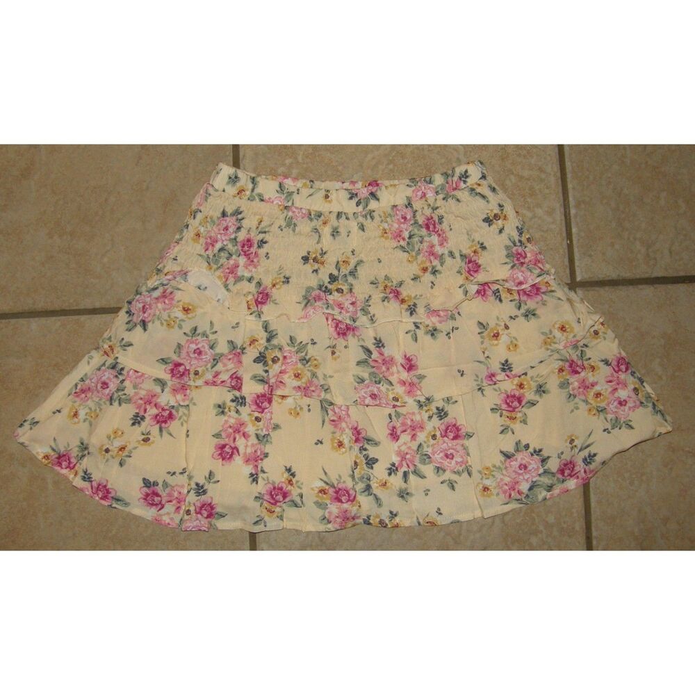 BLUE RAIN Girls Sz 7 Yellow Floral Smocked Waist Lined Tiered Boho Skirt NEW